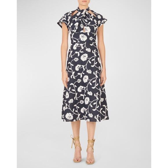 Silvia Tcherassi Lea Blue Embroidered Linen Cotton Midi Dress Twist Neckline S - Picture 4 of 16